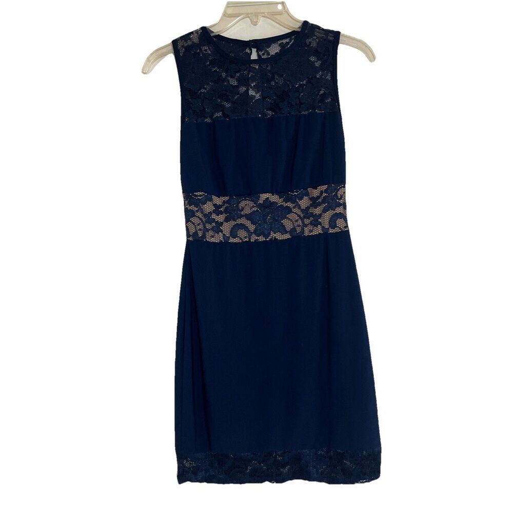 B Darlin Dress 3/4 Navy Blue Lace Nude Lined Sleeveless Bodycon Cocktail Party